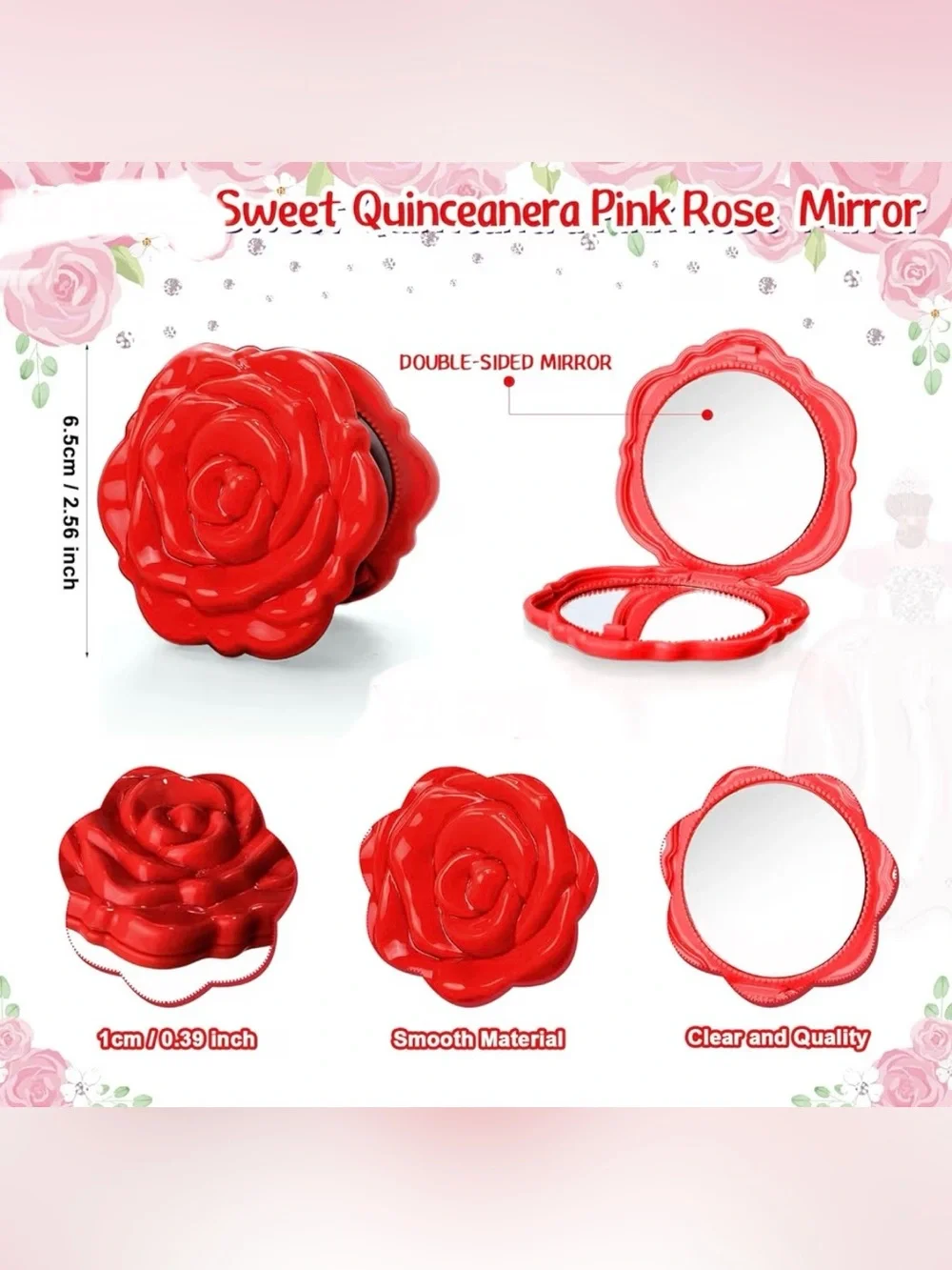 40 Quinceanera Party Favors for Guests Rose Compact Mirrors, Red